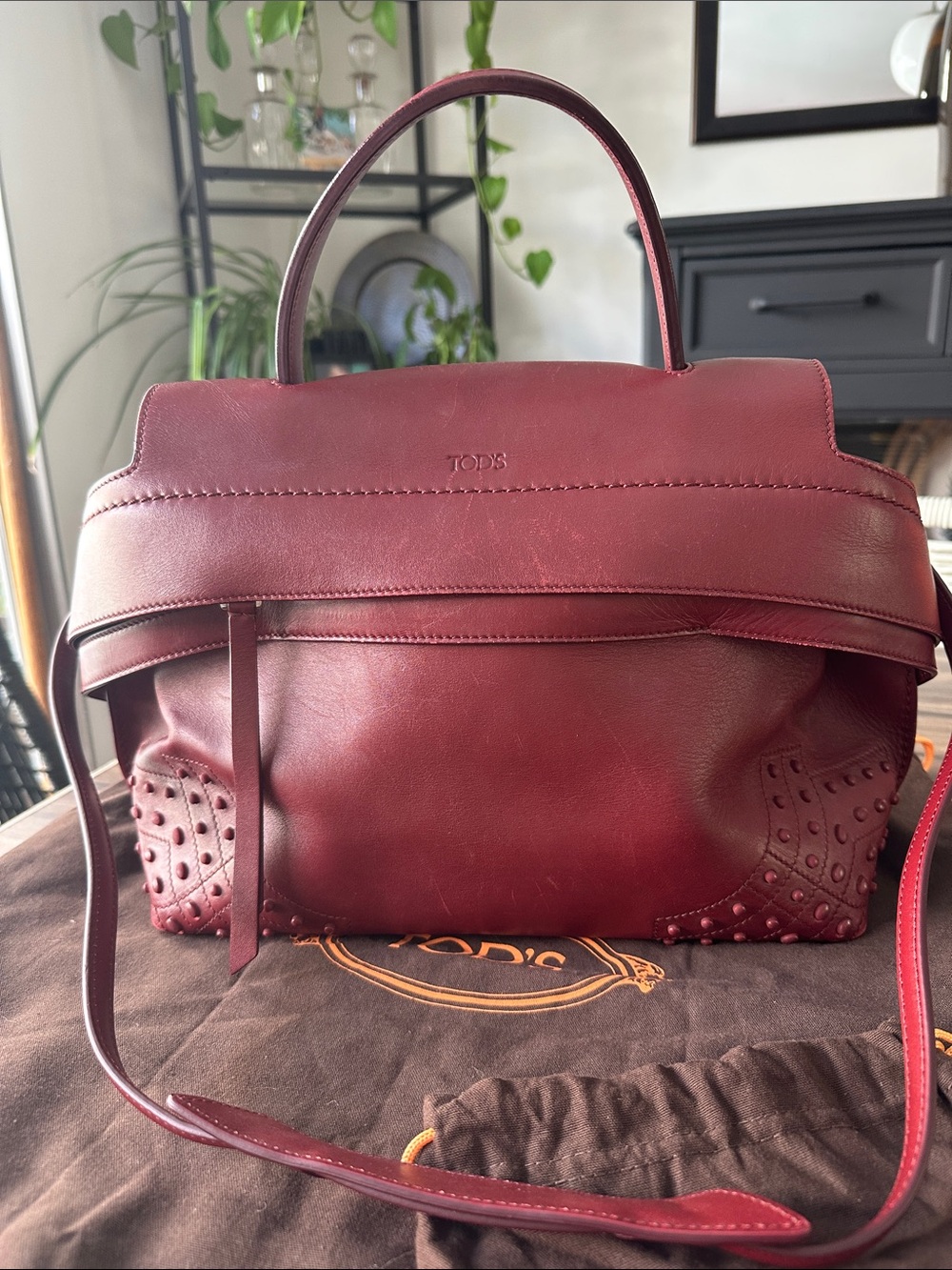 Tod's Deep Red Leather Satchel with Studded Trim